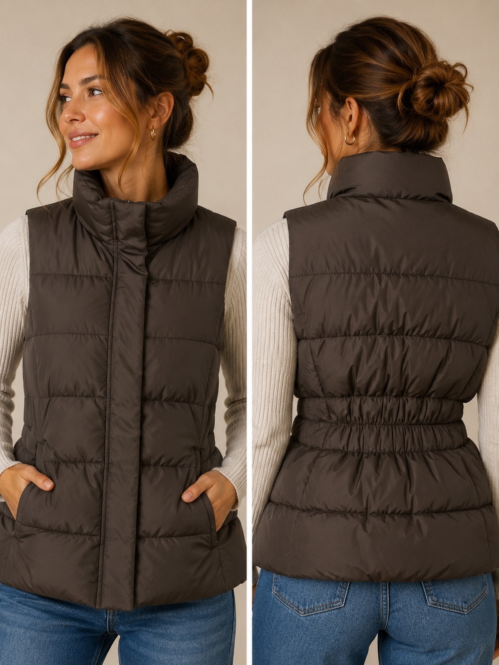 Women's Quilted Puffer Vest - Chocolate Brown